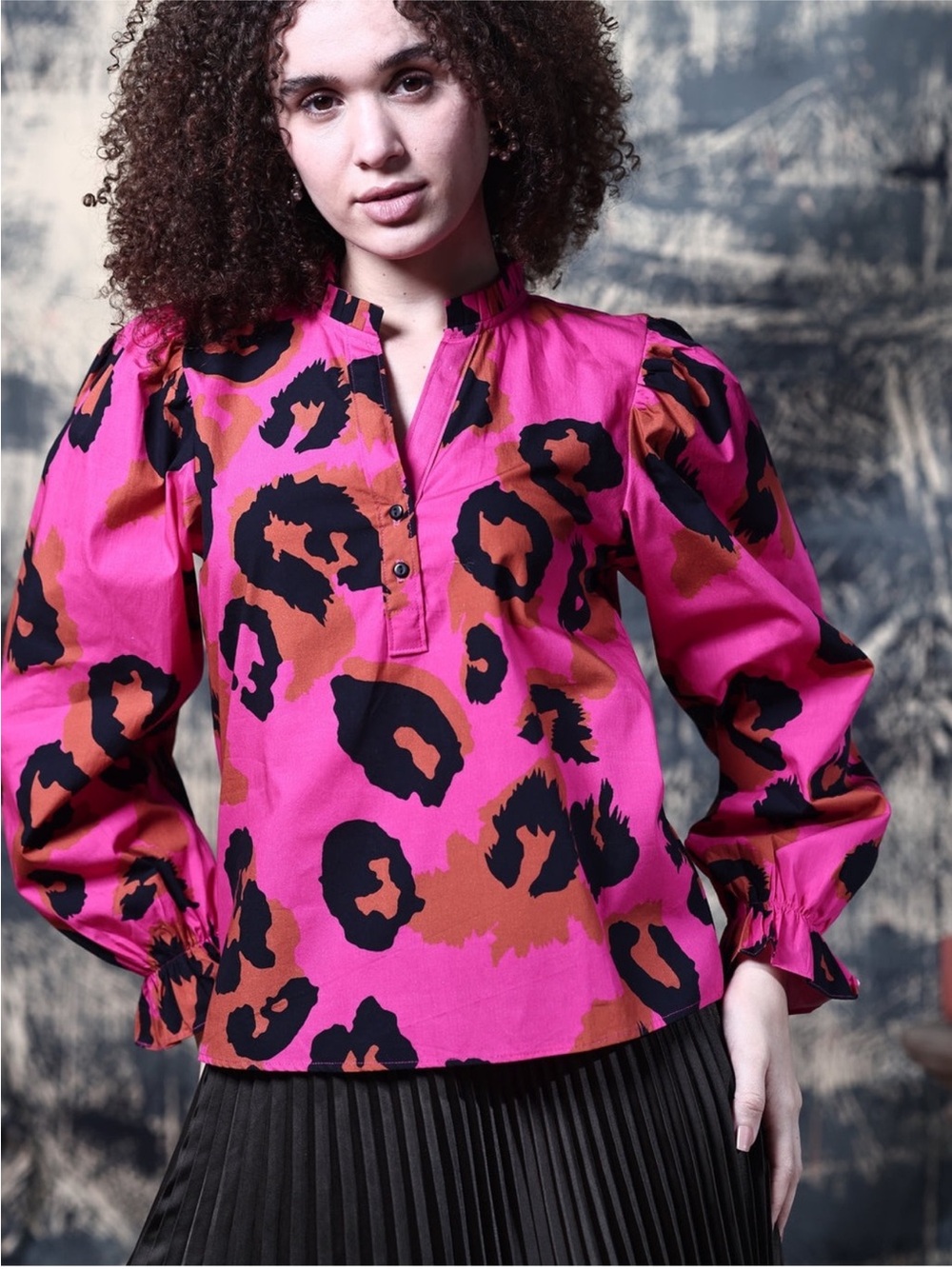 MAUDE VIVANTE Pink Leopard Ashley Top Blouse Shirt Animal Print Ruffle Pleated L